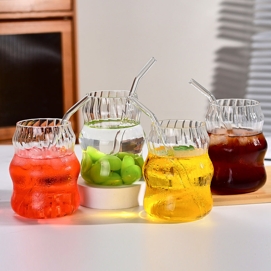 6er Set Glasbecher mit Strohhalm – Kaffee, Milch, Saft, Tee – Wolkenstreifen Design