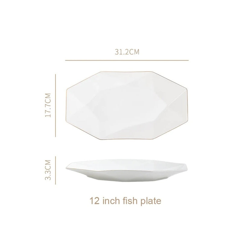 Nordic Minimalist Hexagonal Rhombus Drawing Gold Edge Ceramic Plate