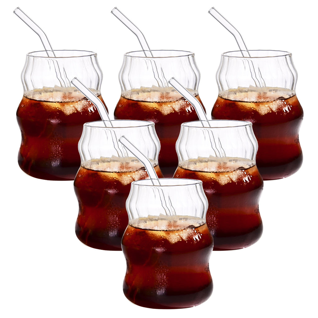 6er Set Glasbecher mit Strohhalm – Kaffee, Milch, Saft, Tee – Wolkenstreifen Design