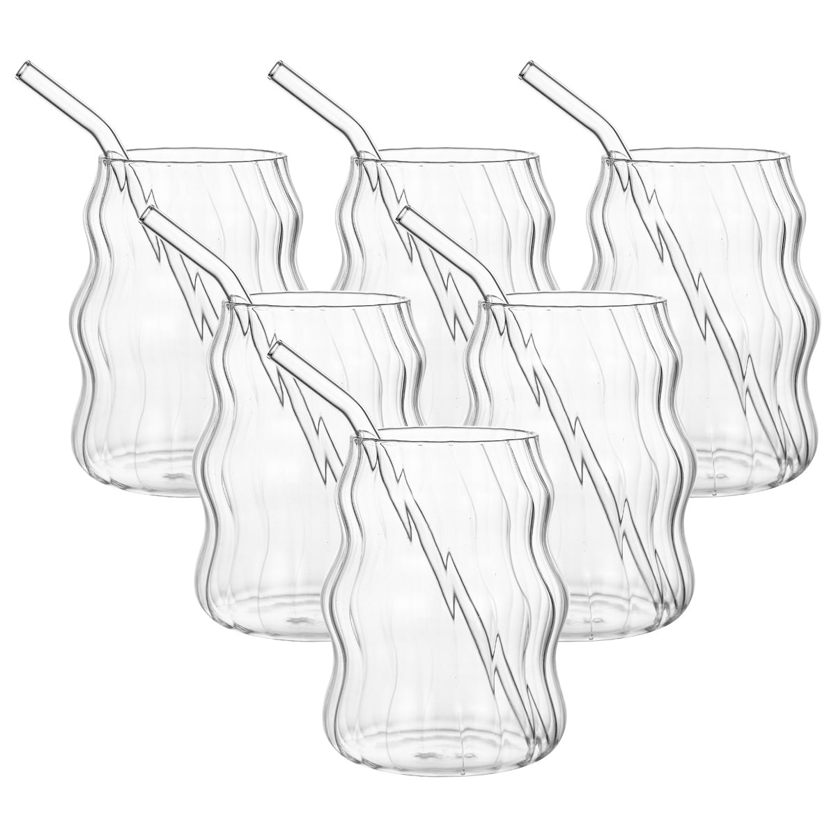 6er Set Glasbecher mit Strohhalm – Kaffee, Milch, Saft, Tee – Wolkenstreifen Design