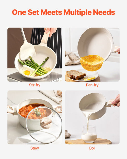 19 Piece Pots And Pans Set Nonstick, Granite Cookware Set, Induction Cookwares, Kitchen RV Cooking Sets With Frying, Sauce, Saute, Tempered Glass Lids, And Pan Protectors, White